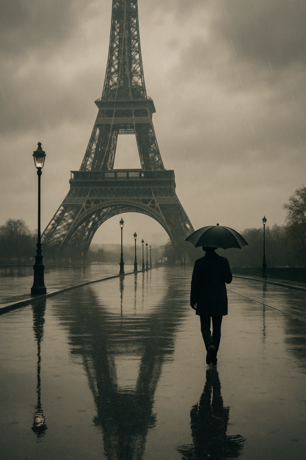Rainy Reflections Under the Eiffel Tower